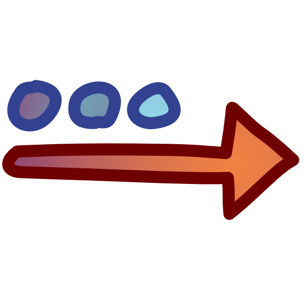 An arrow has 3 dots above it. The colors are darker, and purply, at the start of the image and the arrow grades to orange while the dots grade to blue.